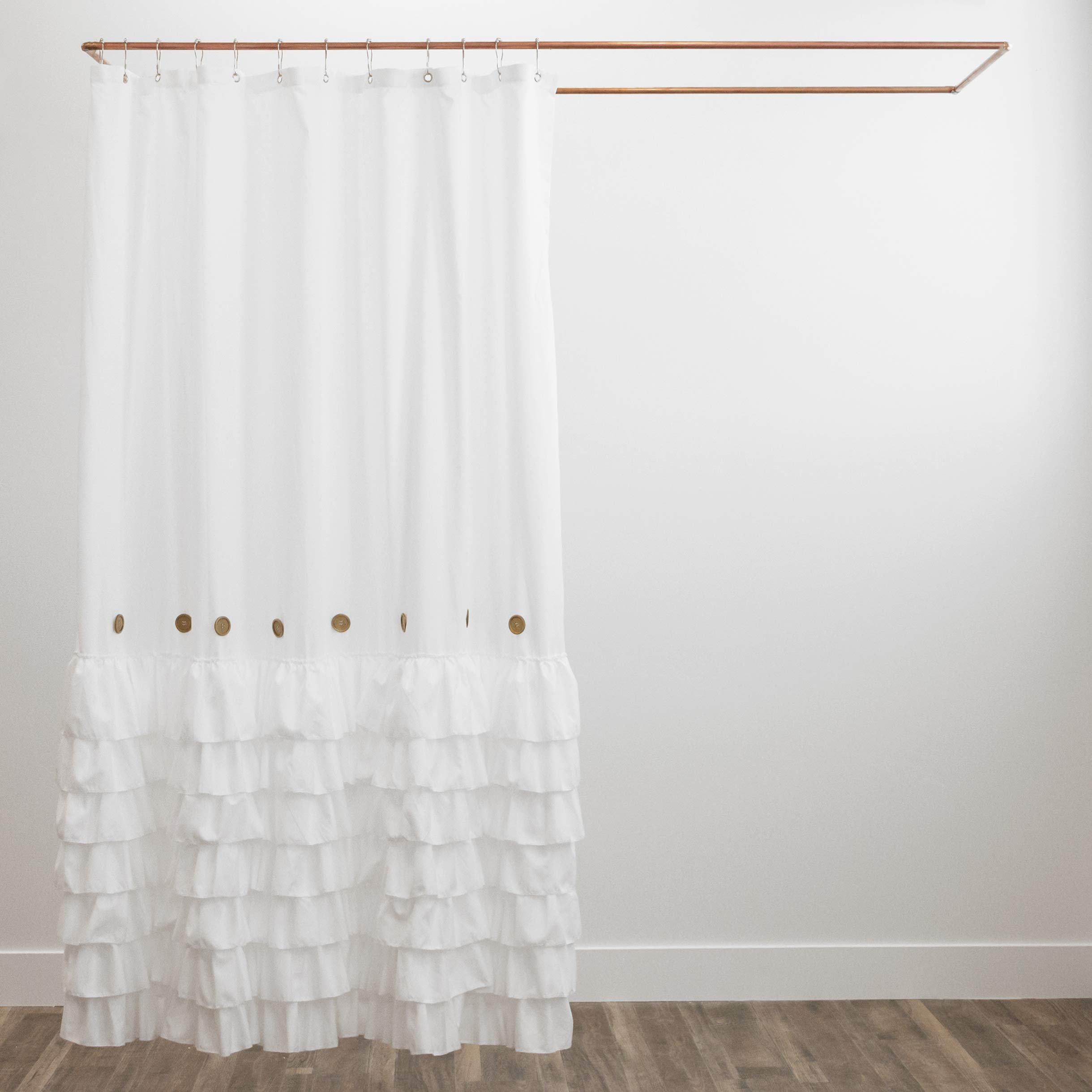 Shaina White Farmhouse Shower Curtain 72 x 72 with Shabby Chic Ruffles and French Country Style Buttons - Modern Farmhouse Fabric (White)