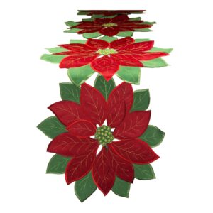 christmas poinsettia shaped red table runner tablecloth embroidered holiday decoration decor (16" x 34")