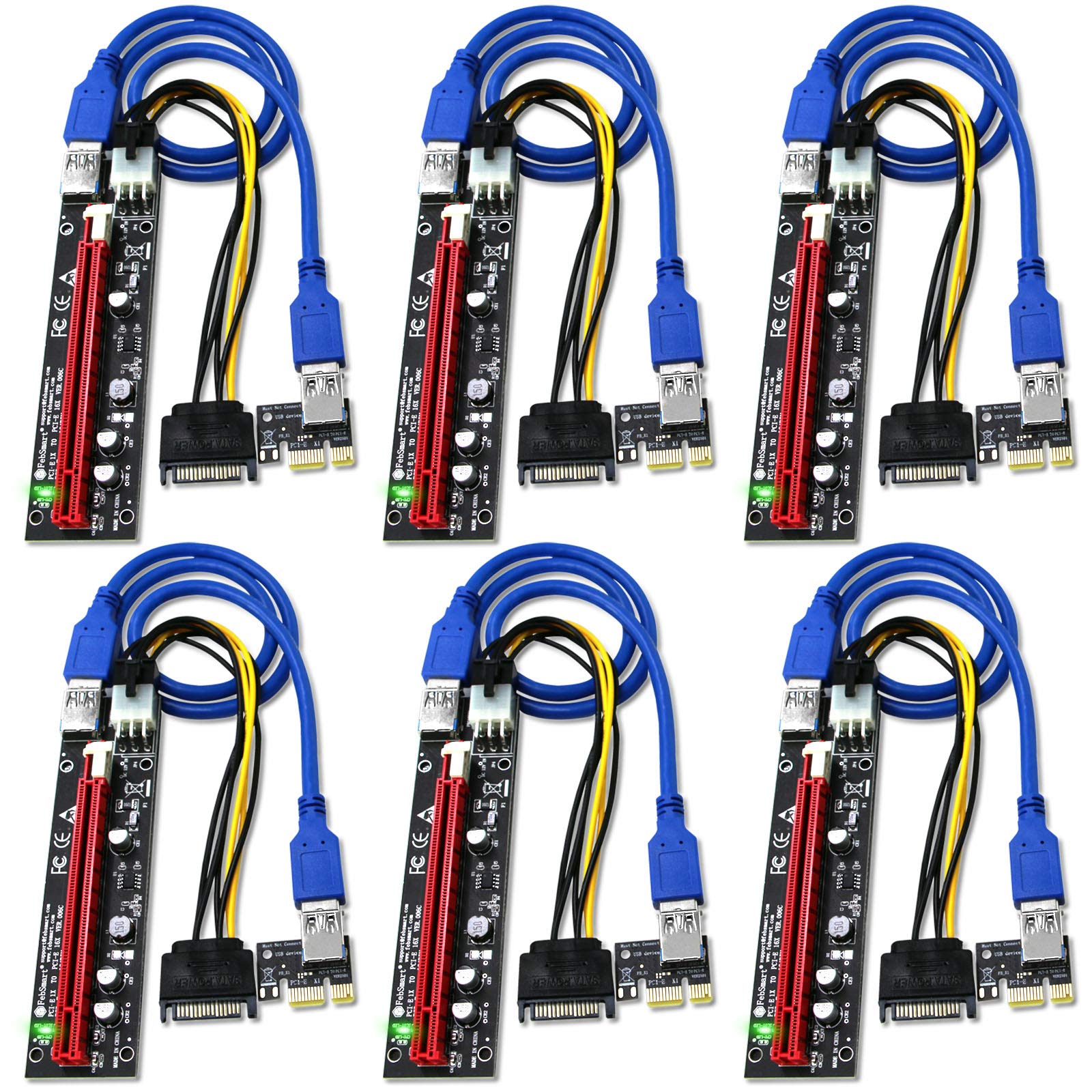 FebSmart GPU Riser for Ethereum Mining Rigs, PCIE Risers for ETH Mining Rigs, GPU Extension Cable, PCIE Extension Cable, PCIE X16 Riser, VER006C PCIE Riser, VER006C GPU Riser (Black-6PCS)