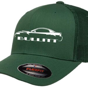 2001 Bullitt Ford Mustang Outline Design Flexfit Trucker Mesh Fitted Cap Forest