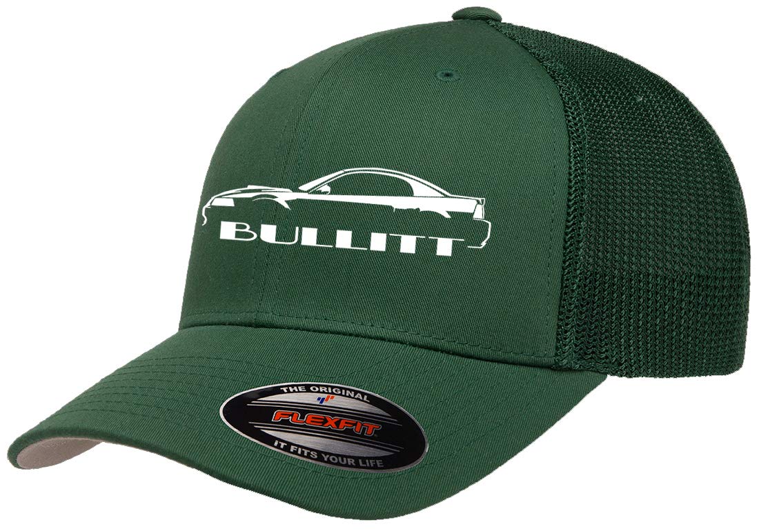 2001 Bullitt Ford Mustang Outline Design Flexfit Trucker Mesh Fitted Cap Forest