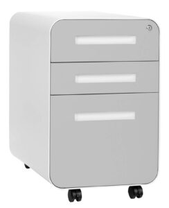 laura davidson furniture stockpile 3 drawer file cabinet with lock - under office desk metal filing cabinet, legal/letter file folders, wheels and stationary feet, pre-assembled, light grey faceplate