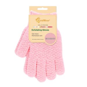 evridwear exfoliating gloves for shower, 100% nylon thick soft medium heavy bathing gloves dead skin remover body scrubber smooth skin with hang loop, 1 pair moderate pink
