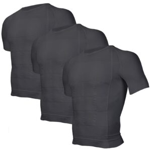 odoland 3 pack men's body shaper slimming shirt tummy vest thermal compression base layer slim muscle short sleeve shapewear, grey/grey/grey, xl
