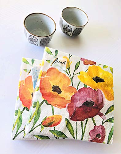 20-ct 13x13 Decorative Napkins for Decoupage Orange Poppy Napkins Mother's Day Floral Napkins Father's Napkins Decorative Paper Napkins Disposable Pretty Flower Lunch Cocktail Napkins Aquarell Poppy