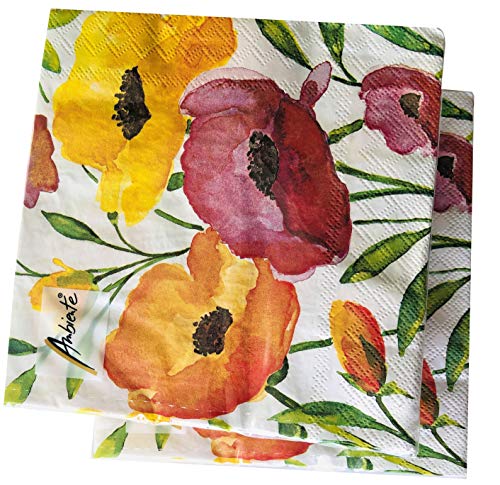 20-ct 13x13 Decorative Napkins for Decoupage Orange Poppy Napkins Mother's Day Floral Napkins Father's Napkins Decorative Paper Napkins Disposable Pretty Flower Lunch Cocktail Napkins Aquarell Poppy