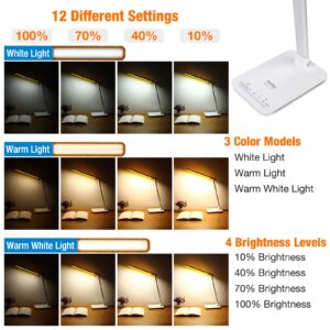 Miady LED Desk Lamp Eye-Caring Table Lamp, 3 Color Modes with 4 Levels of Brightness, Dimmable Office Lamp with Adapter, Touch Control Sensitive(White Aluminum)