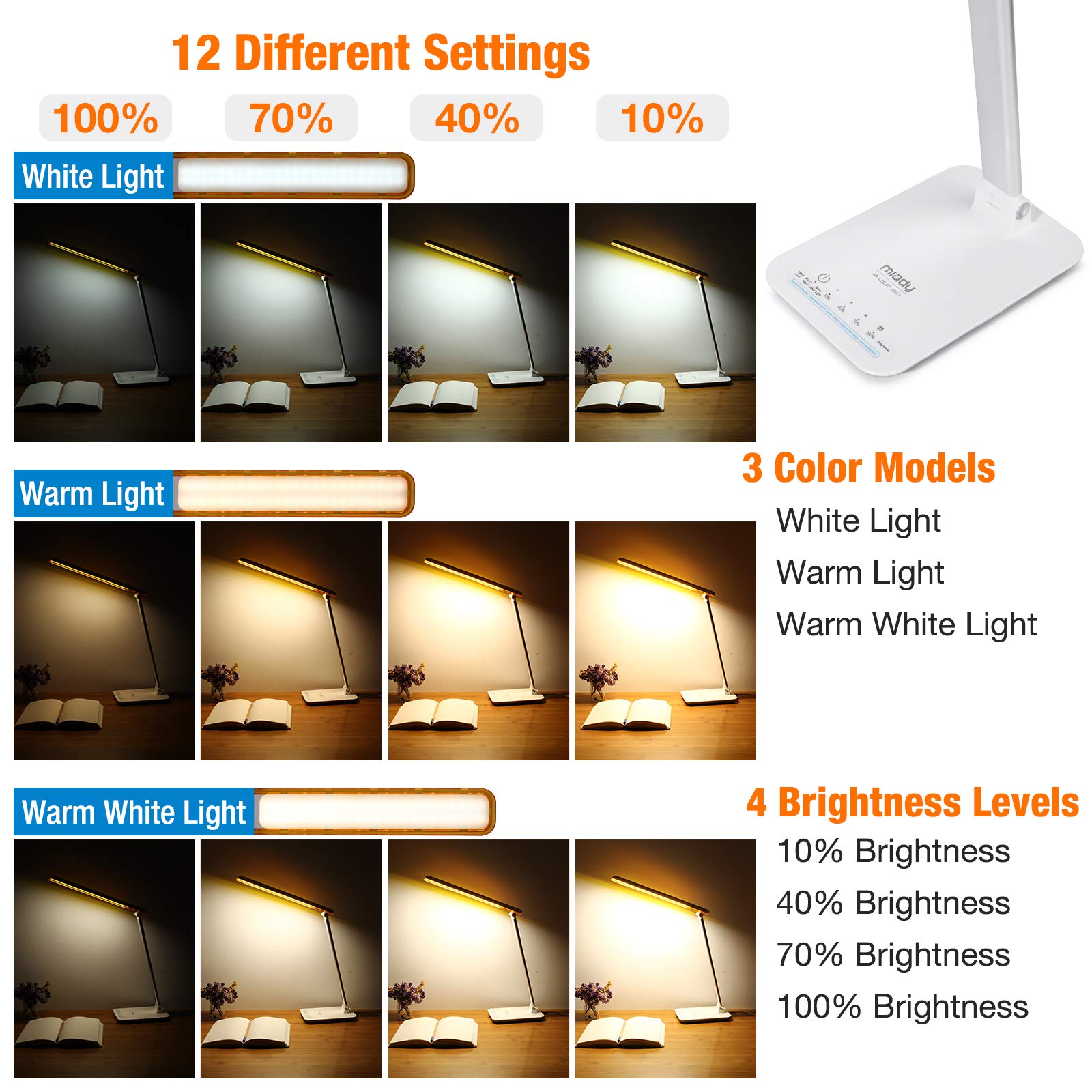 Miady LED Desk Lamp Eye-Caring Table Lamp, 3 Color Modes with 4 Levels of Brightness, Dimmable Office Lamp with Adapter, Touch Control Sensitive(White Aluminum)