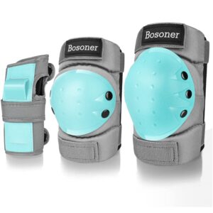 bosoner roller and skating pads for kids-youth-adults: knee pads and elbow pads and wrist guards set - medium size for age 9-15