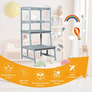 Costzon Kids Kitchen Step Stool with Safety Rail, Toddler Kitchen Stool w/Solid Bamboo Construction, Child Stand Helper for Kitchen Bathroom Living Room, Perfect for Toddler from 18-36 Months (Grey)