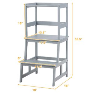 Costzon Kids Kitchen Step Stool with Safety Rail, Toddler Kitchen Stool w/Solid Bamboo Construction, Child Stand Helper for Kitchen Bathroom Living Room, Perfect for Toddler from 18-36 Months (Grey)