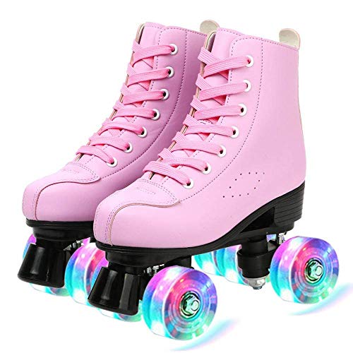 Women's Roller Skates, Leather Roller Skates High-top Roller Skates Four-Wheel Shiny Roller Skates for Kids and Adults