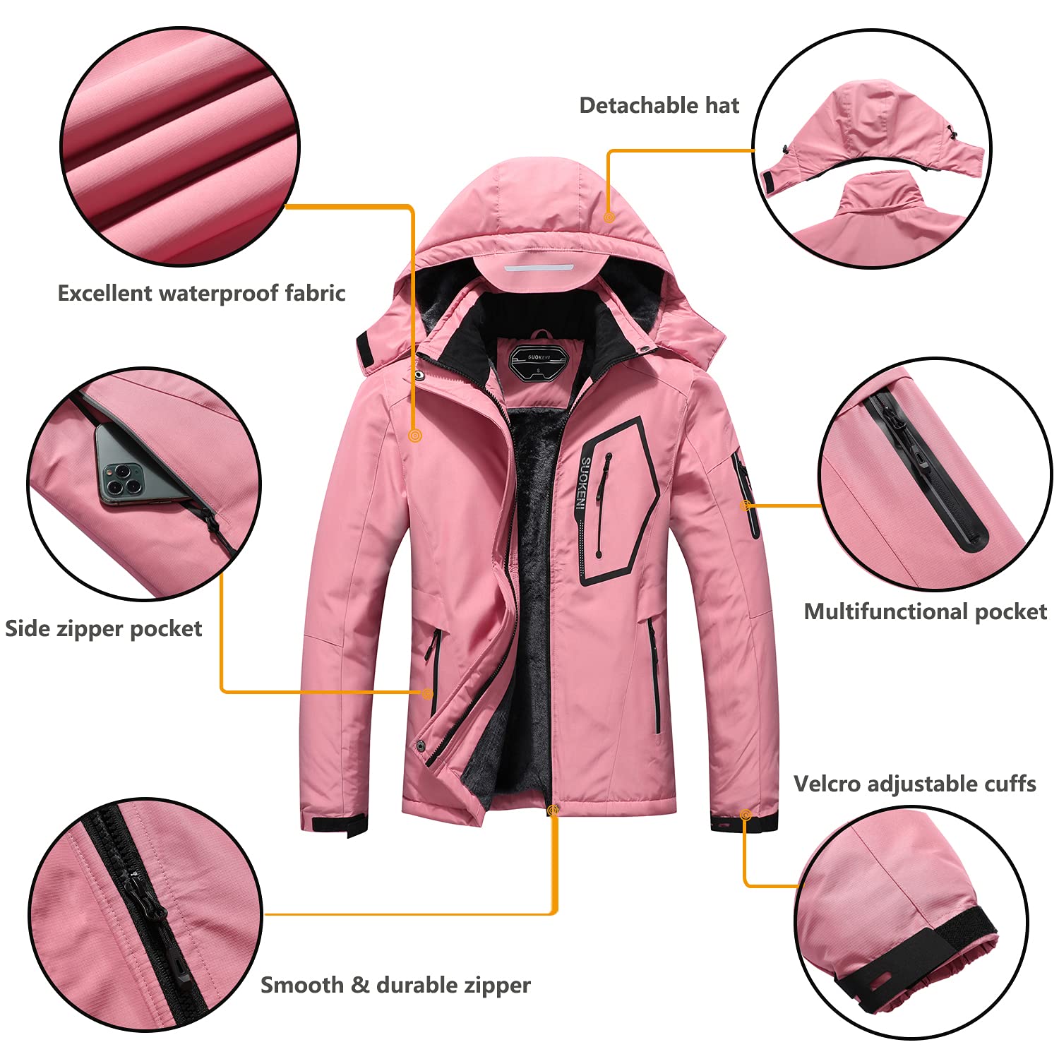 SUOKENI Women's Waterproof Warm Winter Snow Coat Hooded Raincoat Ski Snowboarding Jacket