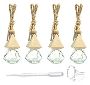 4 pack,6ml(1/5 fl oz) refillable car essential oil diffuser,empty car air freshener pendant perfume aromatherapy vials-clear glass bottle with wooden caps & hanging string-free 1 funnel&dropper