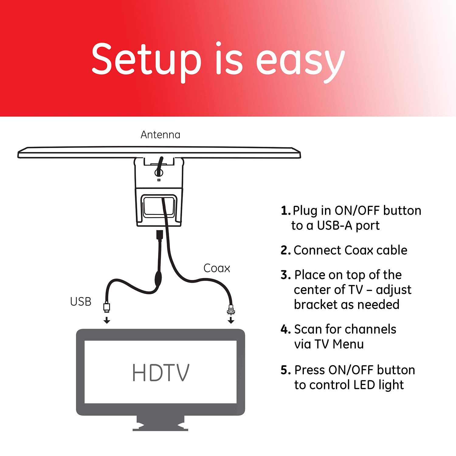 GE Enlighten HD Hover Antenna with Bias Lighting, Long Range, Mounts Directly on TV, Passive, 53592