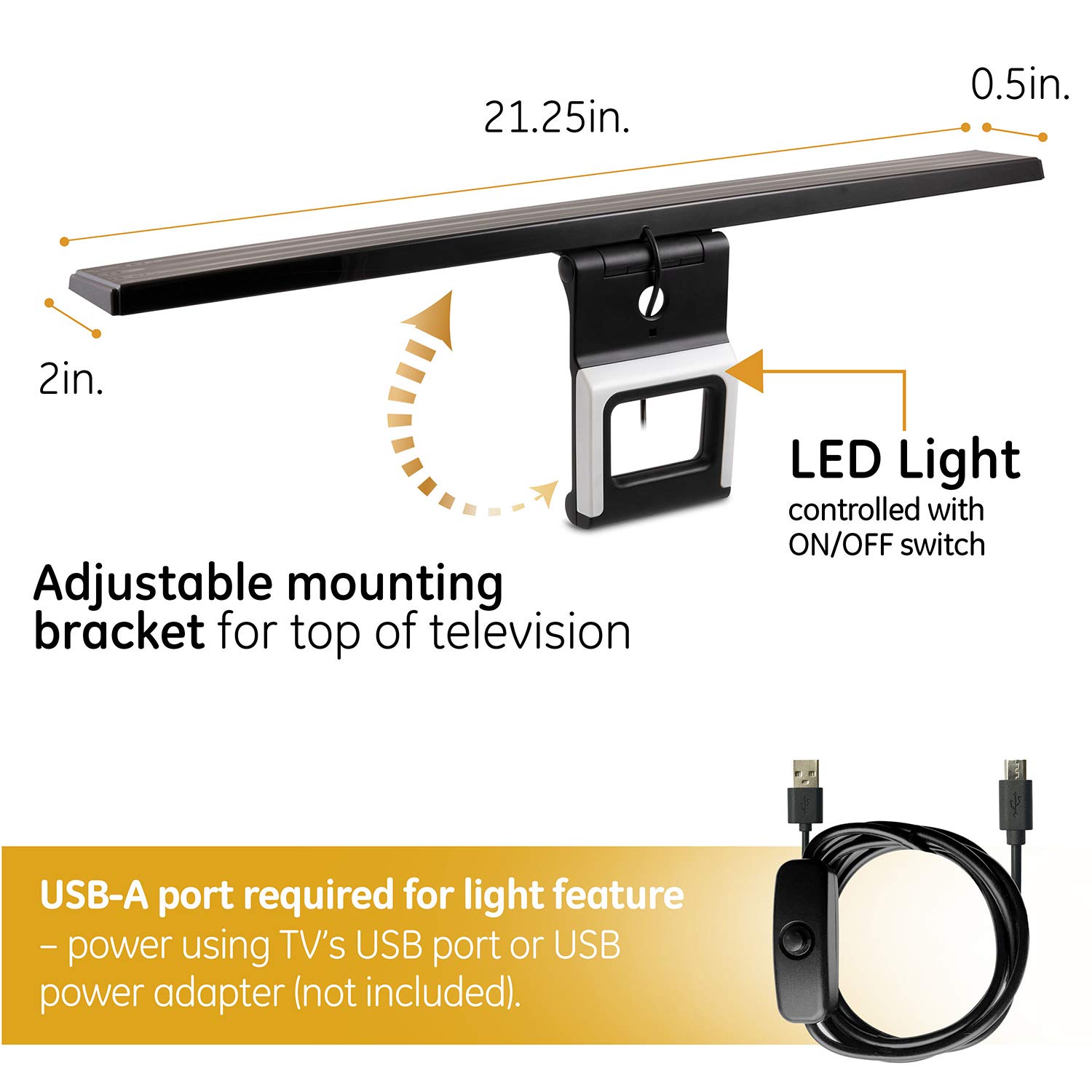 GE Enlighten HD Hover Antenna with Bias Lighting, Long Range, Mounts Directly on TV, Passive, 53592