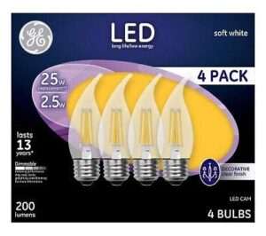 led chandelier light bulbs, candle shape, clear soft white, 200 lumens, 2.5-watts, 4-pk.