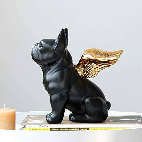 Animal Garden Ornaments Decoration Home Decor Ornament Gift Black French Bulldog Statue with Gold Wing Ceramic Modern Art Animal Figurine Handmade Decorative Collectible