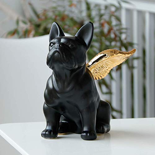 Animal Garden Ornaments Decoration Home Decor Ornament Gift Black French Bulldog Statue with Gold Wing Ceramic Modern Art Animal Figurine Handmade Decorative Collectible