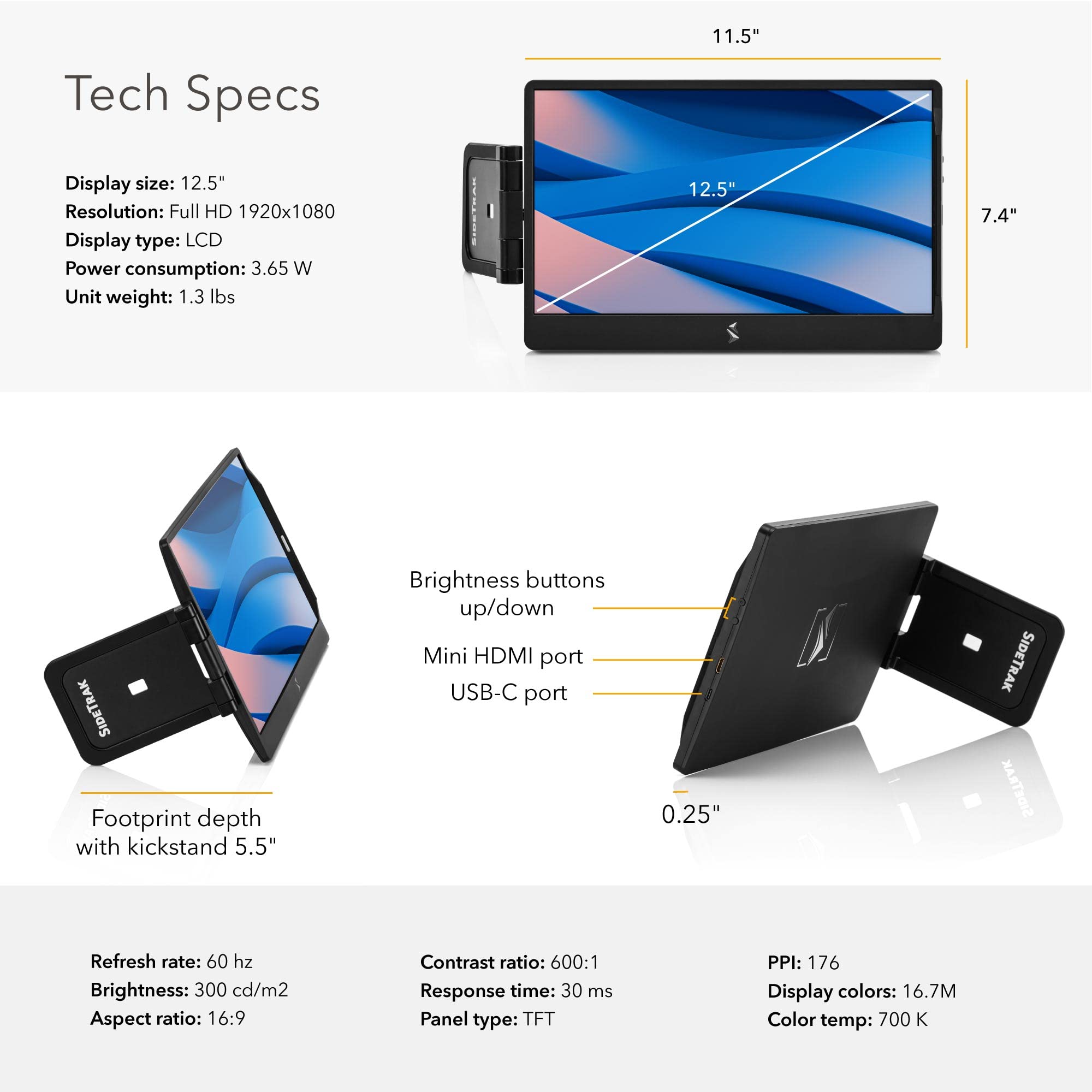 SideTrak Swivel 12.5" Patented Attachable Portable Monitor Extender - FHD TFT Laptop Dual Screen w/Kickstand, for Mac, PC, and Chromebook, All Laptops, USB or Mini HDMI Port Power (Single Monitor)