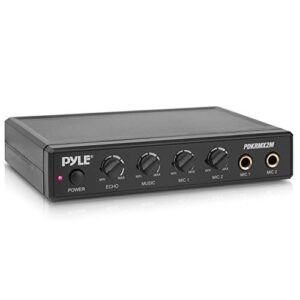 pyle compact karaoke audio mixer - professional portable audio sound mixer mic receiver w/two microphone inputs, rca, aux, mic level/music/echo controls, for dj sound, home party & theater - pdkrmx2m