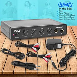 Pyle Compact Karaoke Audio Mixer - Professional Portable Audio Sound Mixer Mic Receiver w/Two Microphone Inputs, RCA, AUX, Mic Level/Music/Echo Controls, for DJ Sound, Home Party & Theater - PDKRMX2M