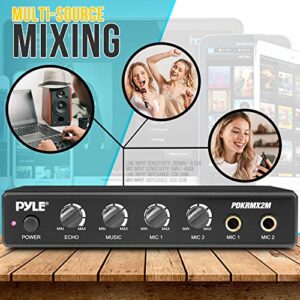 Pyle Compact Karaoke Audio Mixer - Professional Portable Audio Sound Mixer Mic Receiver w/Two Microphone Inputs, RCA, AUX, Mic Level/Music/Echo Controls, for DJ Sound, Home Party & Theater - PDKRMX2M