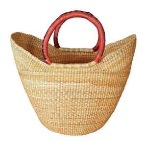 large dye free yikene shopper -ghana bolga basket fair trade - 16"-19" across - black & tan handles