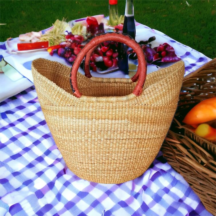 Large Dye Free Yikene Shopper -Ghana Bolga Basket Fair Trade - 16"-19" Across - Black & Tan Handles