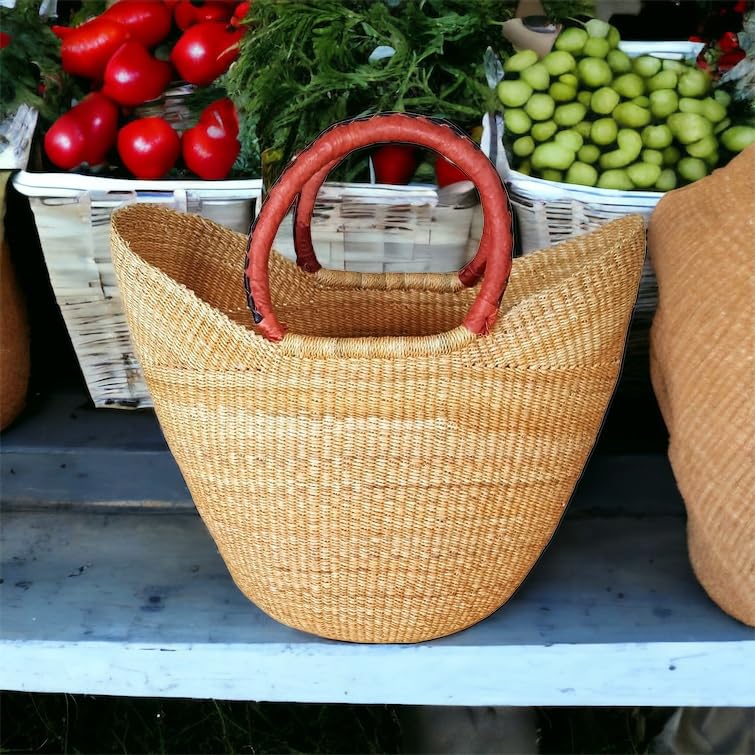 Large Dye Free Yikene Shopper -Ghana Bolga Basket Fair Trade - 16"-19" Across - Black & Tan Handles