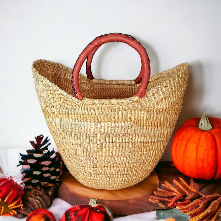 Large Dye Free Yikene Shopper -Ghana Bolga Basket Fair Trade - 16"-19" Across - Black & Tan Handles