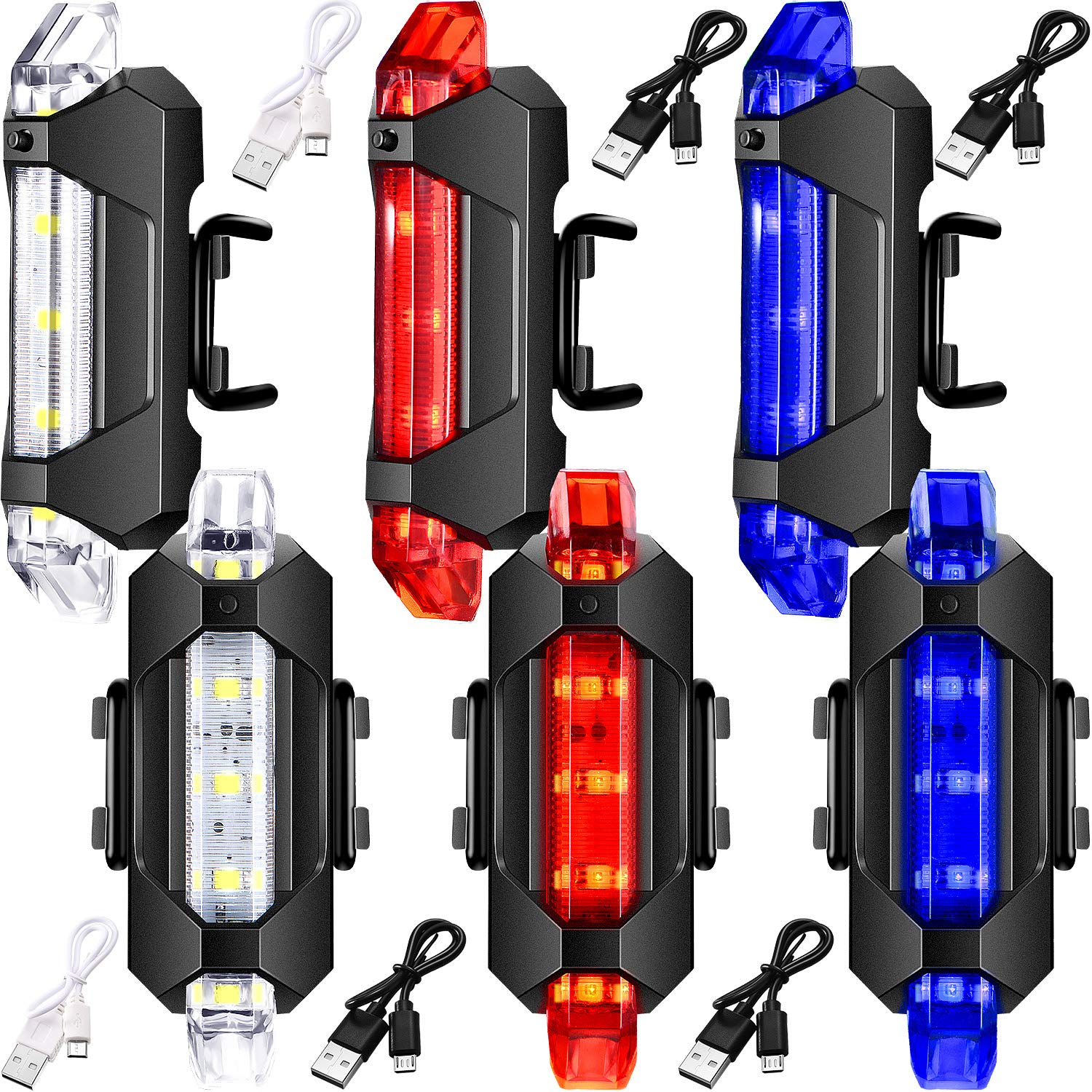 Mudder 6 Pieces Bike Light Front and Rear Bicycle Light USB Rechargeable Waterproof Cycling Headlight and Taillight Flashing Safety Bike Light for City Mountain Bike (White, Red, Blue)