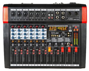 audio2000's amx7382 six-channel powered audio mixer with 320 dsp sound effects, stereo sub out with sub-out level-control fader, level-control faders on all channels, and usb/computer interface