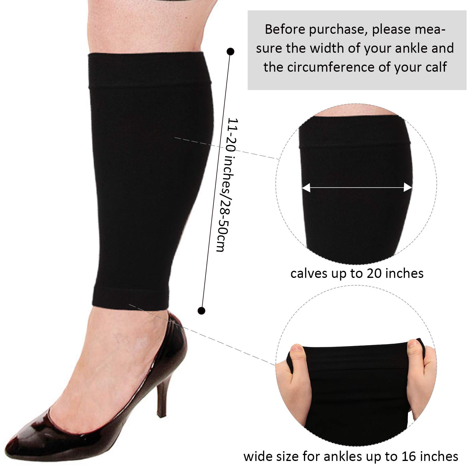 3 Pairs 20 Inches XXL Wide Plus Size Calf Compression Socks for Circulation Compression Long Legs Sleeves 20-30 mmHg Calf Muscle Compression Sleeve for Women Men