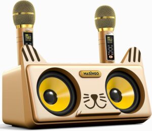 masingo kitty cat karaoke machine for kids, children and toddlers with 2 wireless bluetooth microphones, pa speaker system includes lyrics display phone holder, tv cable and singer vocal removal mode