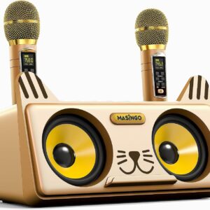 MASINGO Kitty Cat Karaoke Machine for Kids, Children and Toddlers with 2 Wireless Bluetooth Microphones, PA Speaker System Includes Lyrics Display Phone Holder, TV Cable and Singer Vocal Removal Mode