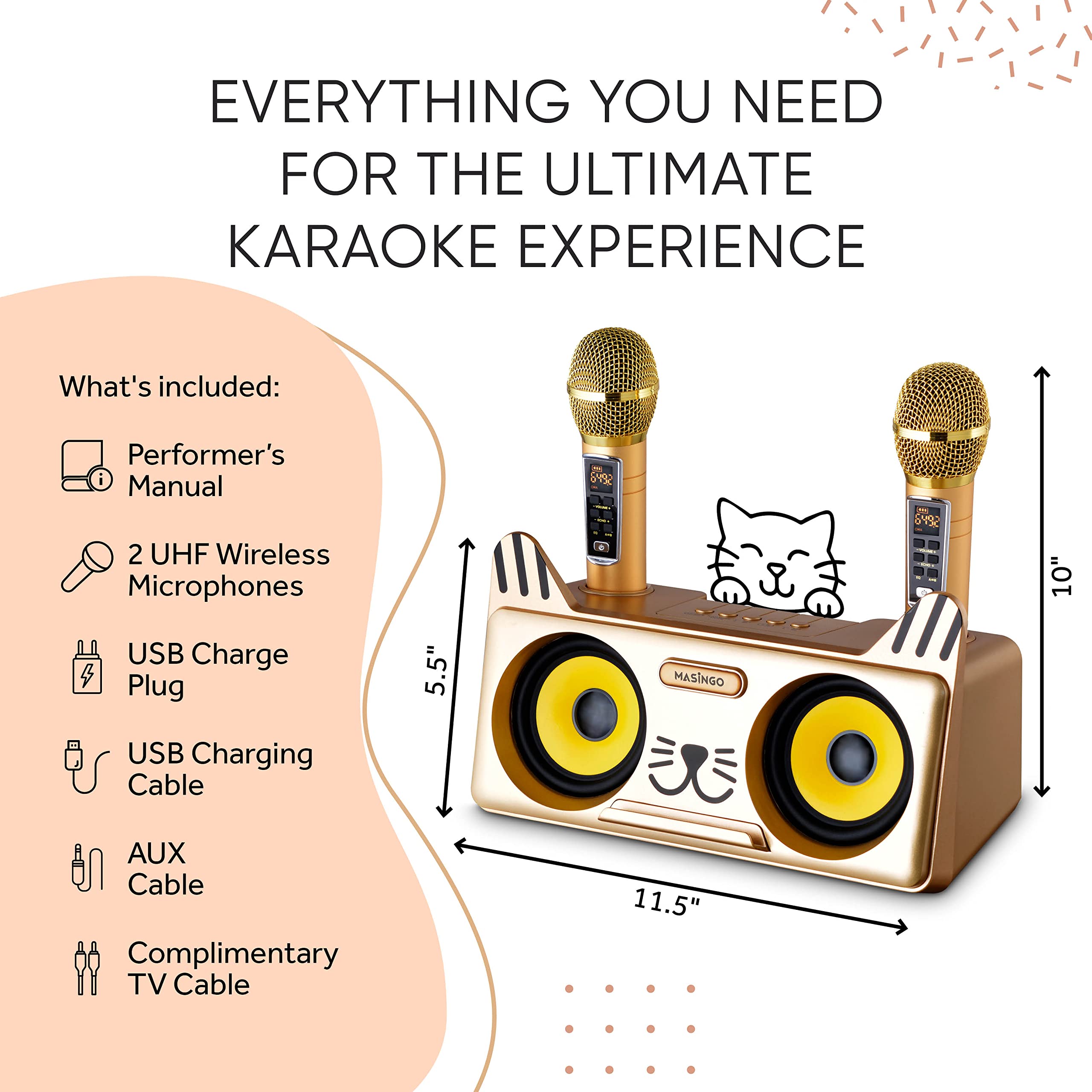 MASINGO Kitty Cat Karaoke Machine for Kids, Children and Toddlers with 2 Wireless Bluetooth Microphones, PA Speaker System Includes Lyrics Display Phone Holder, TV Cable and Singer Vocal Removal Mode