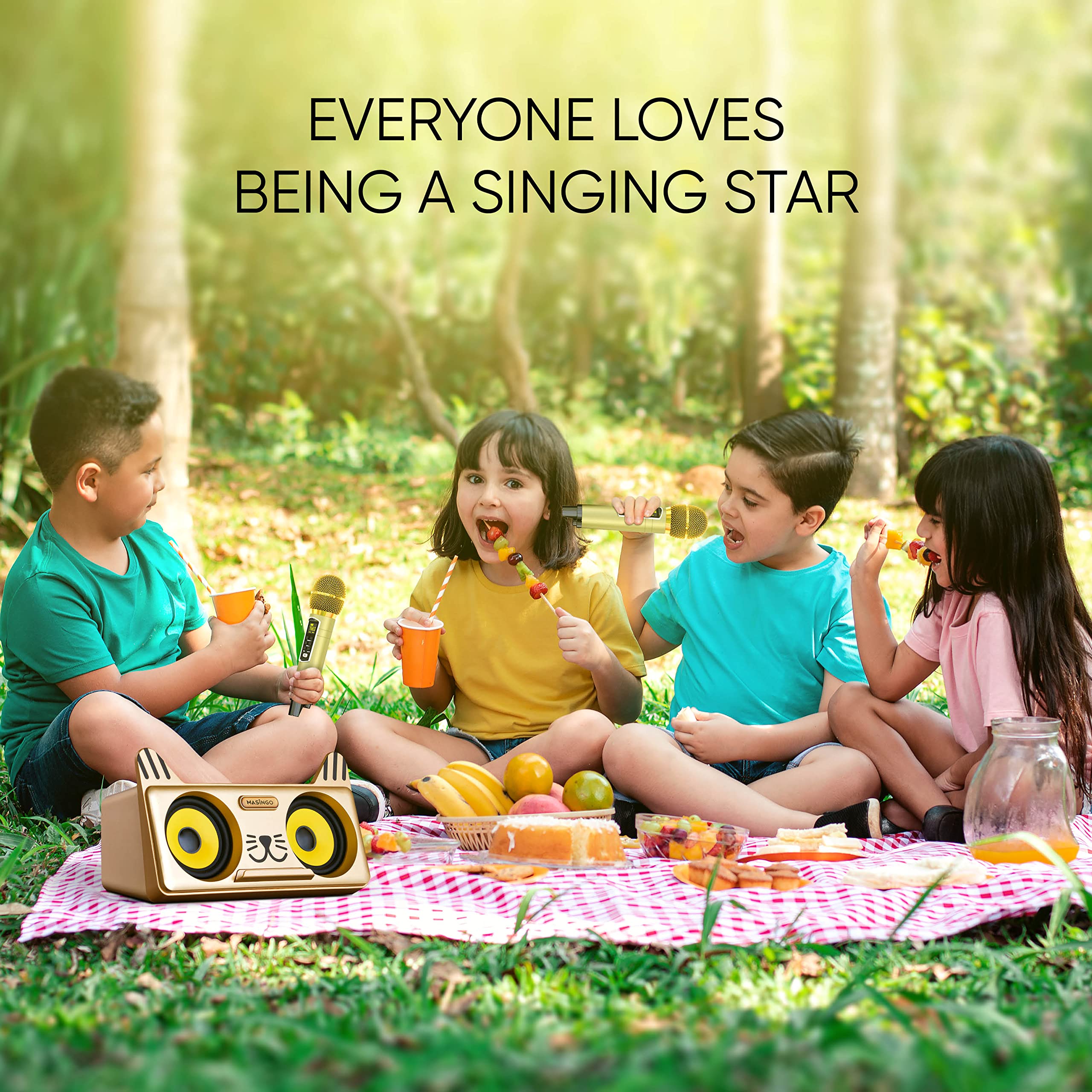 MASINGO Kitty Cat Karaoke Machine for Kids, Children and Toddlers with 2 Wireless Bluetooth Microphones, PA Speaker System Includes Lyrics Display Phone Holder, TV Cable and Singer Vocal Removal Mode