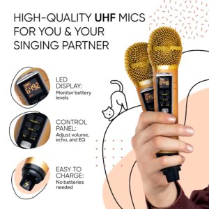 MASINGO Kitty Cat Karaoke Machine for Kids, Children and Toddlers with 2 Wireless Bluetooth Microphones, PA Speaker System Includes Lyrics Display Phone Holder, TV Cable and Singer Vocal Removal Mode