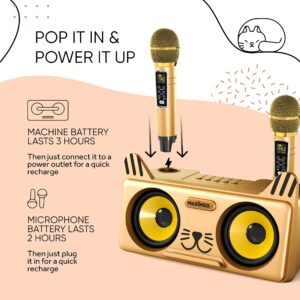 MASINGO Kitty Cat Karaoke Machine for Kids, Children and Toddlers with 2 Wireless Bluetooth Microphones, PA Speaker System Includes Lyrics Display Phone Holder, TV Cable and Singer Vocal Removal Mode