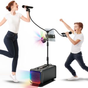 masingo bluetooth karaoke machine for adults and kids - 2 wireless karaoke microphones with duet mic stand - portable pa speaker system, disco ball, party lights, tv cable & guitar plug in - lento x5