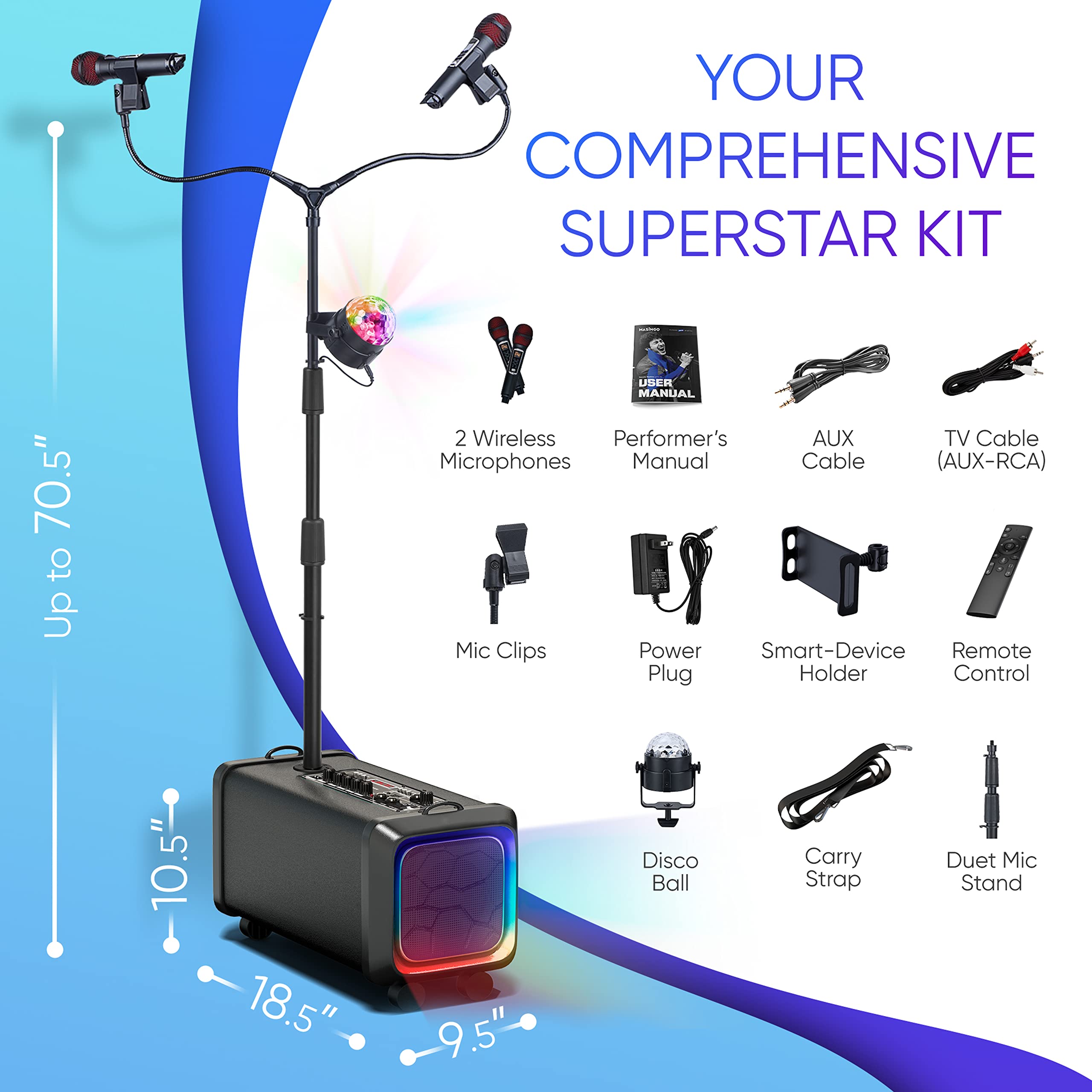 MASINGO Bluetooth Karaoke Machine for Adults and Kids - 2 Wireless Karaoke Microphones with Duet Mic Stand - Portable PA Speaker System, Disco Ball, Party Lights, TV Cable & Guitar Plug in - Lento X5