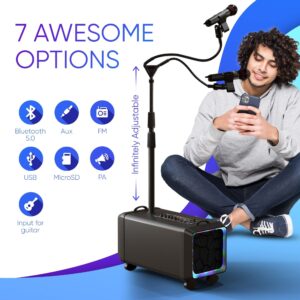 MASINGO Bluetooth Karaoke Machine for Adults and Kids - 2 Wireless Karaoke Microphones with Duet Mic Stand - Portable PA Speaker System, Disco Ball, Party Lights, TV Cable & Guitar Plug in - Lento X5