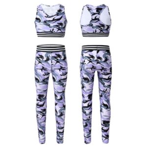 chictry kids girls' 2 piece athletic leggings with tank crop tops outfits sets for gymnastics sports workout fitness camouflage lavender 12-14 years