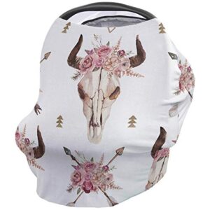 car seat canopy nursy cover, cow head skull with pink flowers and arrows multi use breastfeeding scarf for infant carseat canopy, stroller, shopping cart, highchair