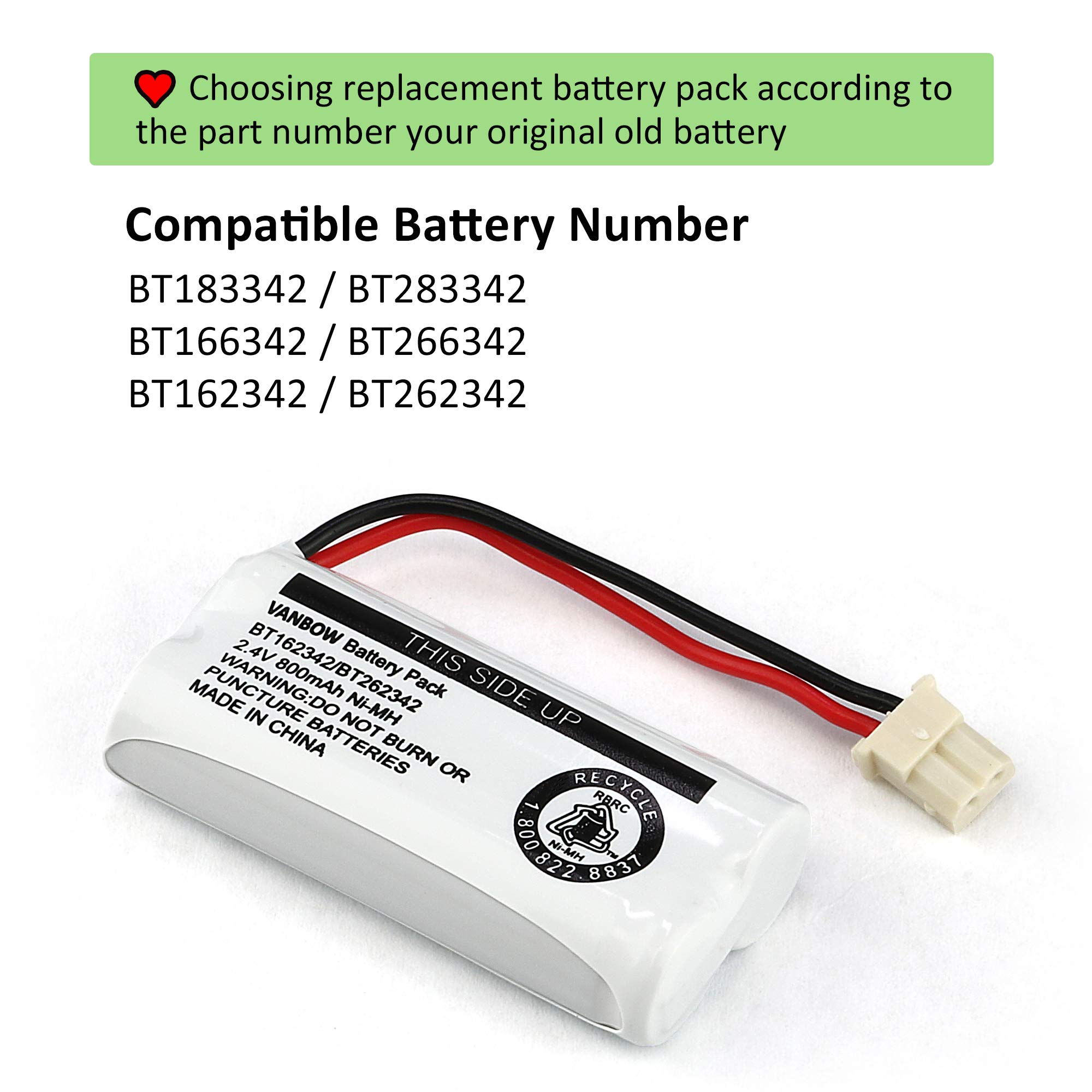 Battery BT162342 / BT262342 BT183342/BT283342 BT166342/BT266342 2.4v 800Mah Battery Pack for VTech CS6114 CS6419 CS6719 AT&T EL52300 CL80112 VTech CS6719-2 Cordless Handsets (Pack 4)