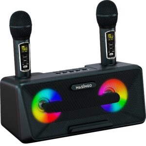 masingo karaoke machine for adults and kids with 2 wireless microphones, portable bluetooth singing speaker, colorful led lights, pa system, lyrics display phone holder, and tv cable. presto g2 black