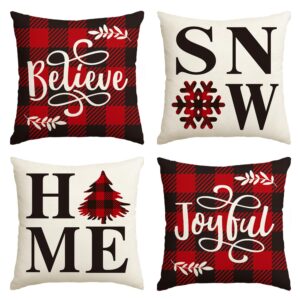 avoin buffalo plaid believe joyful home snow throw pillow cover, 18 x 18 inch christmas winter holiday snowflake cushion case decoration for sofa couch set of 4