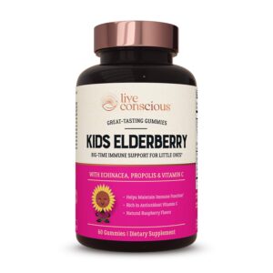 kids elderberry gummies | great-tasting immune support formula with vitamin c, echinacea, sambucus, propolis extract | by live conscious - 60 count