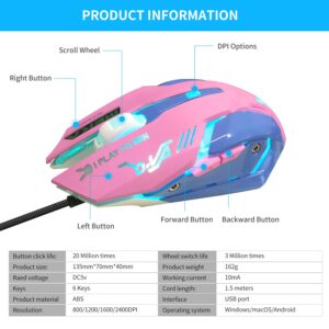 Greshare Gaming Mouse,7 Colors Backlit Optical Game Mice Ergonomic USB Wired with 2400 DPI and 6 Buttons 4 Shooting for Computer/Win/Mac/Linux/Andriod/iOS. (Pink & Blue)